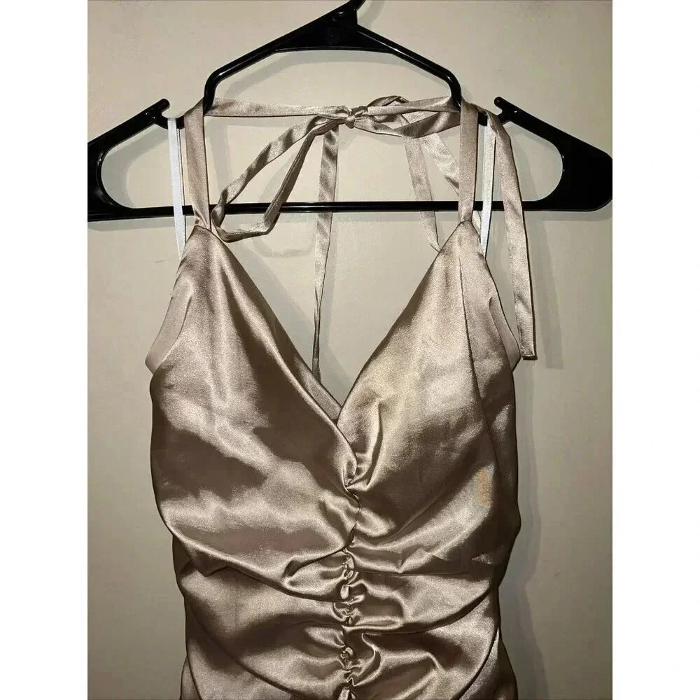 Vintage Y2K Jessica McClintock Ruffle Halter Dress Champagne Gold Women Size 10 - Picture 2 of 6